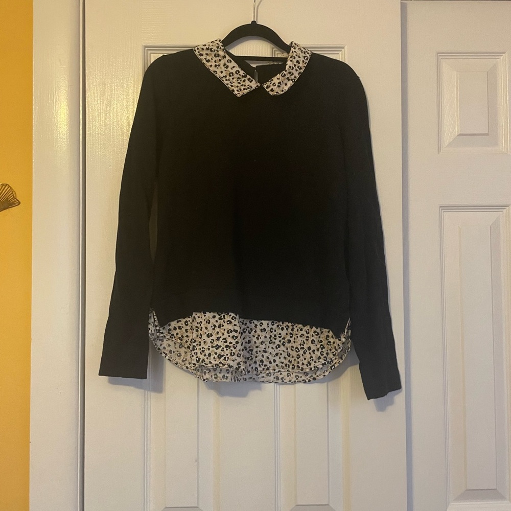 J. Crew - Black Sweater with Leopard Print Collar